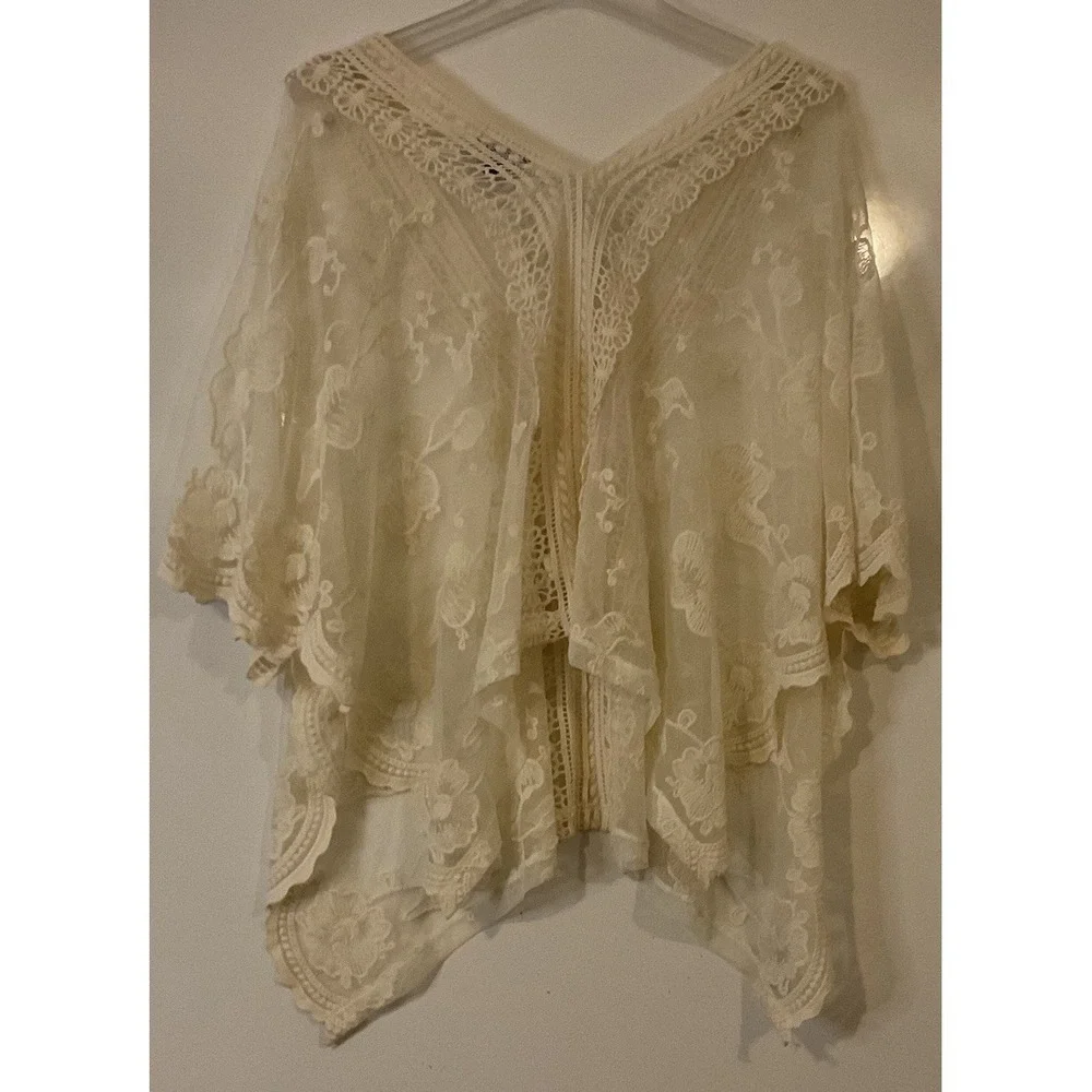 CUPIO Ivory Boho Lace Crochet Butterfly Appliqué Fairy Whimsy Top Blouse SZ S - Picture 6 of 10